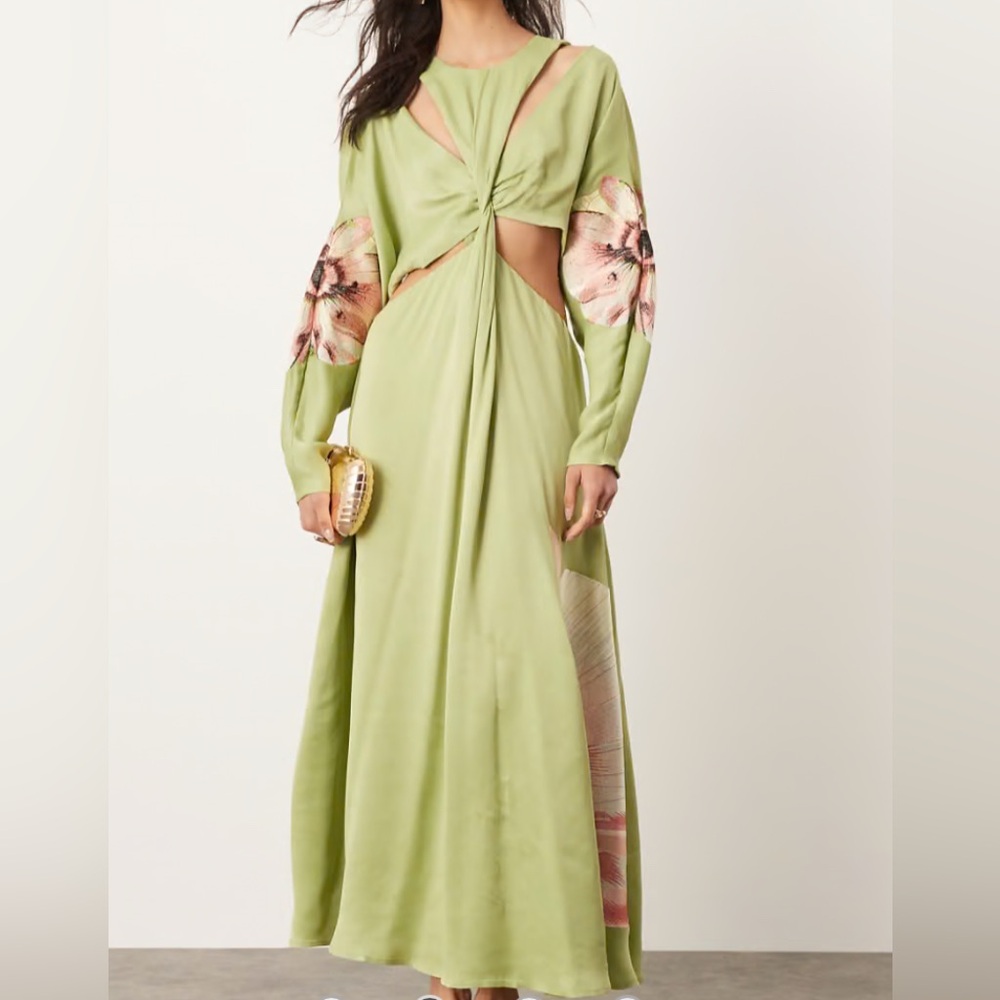 ASOS EDITION Satin Petal Embroidered CutOut Maxi Dress Green Floral Garden Party